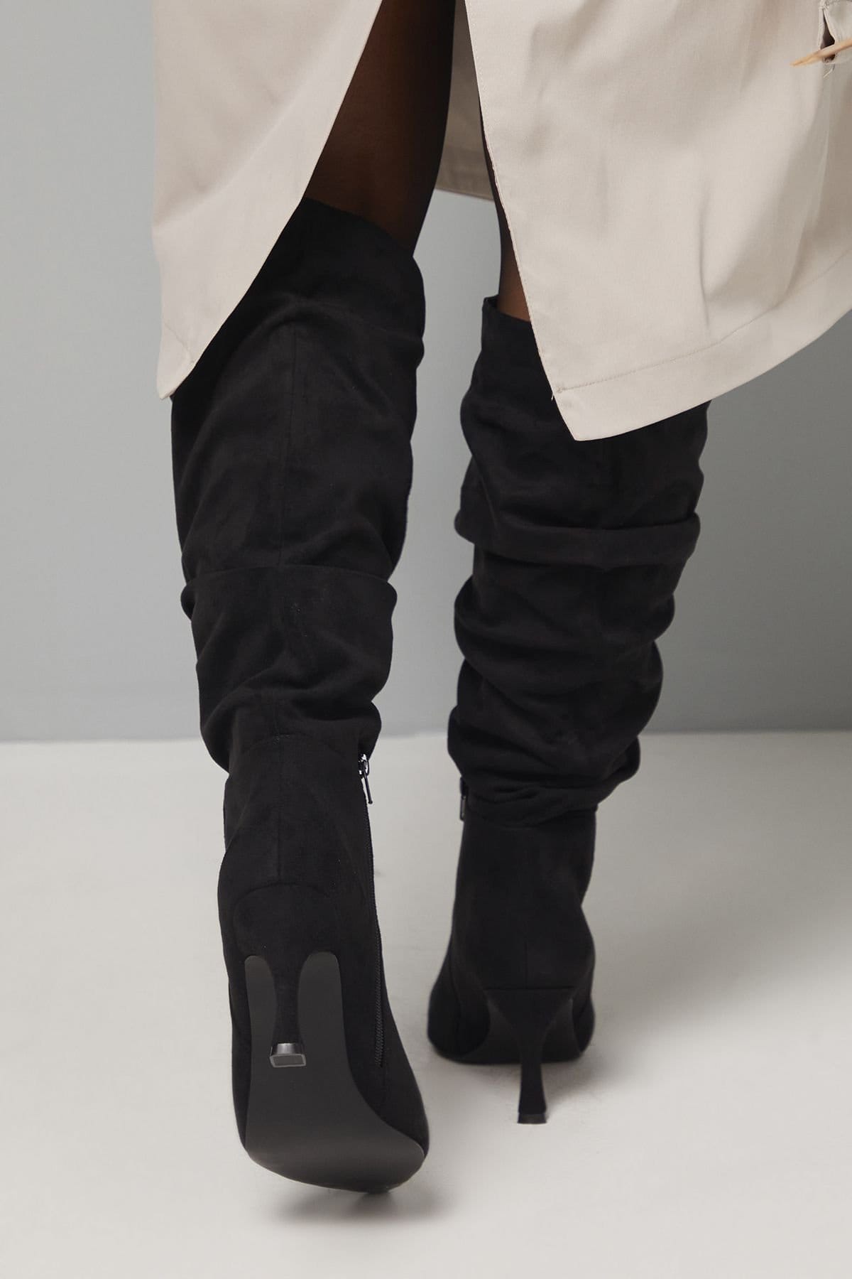 Wallis Wallis Women's Wide Fit Hibiscus Faux Suede Ruche High Stiletto Heel Knee Boots in Natural Black - 4