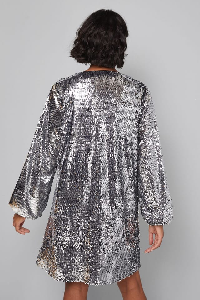 Wallis Wallis Women's Mixed Sequin V Neck Shift Dress in Black - 3