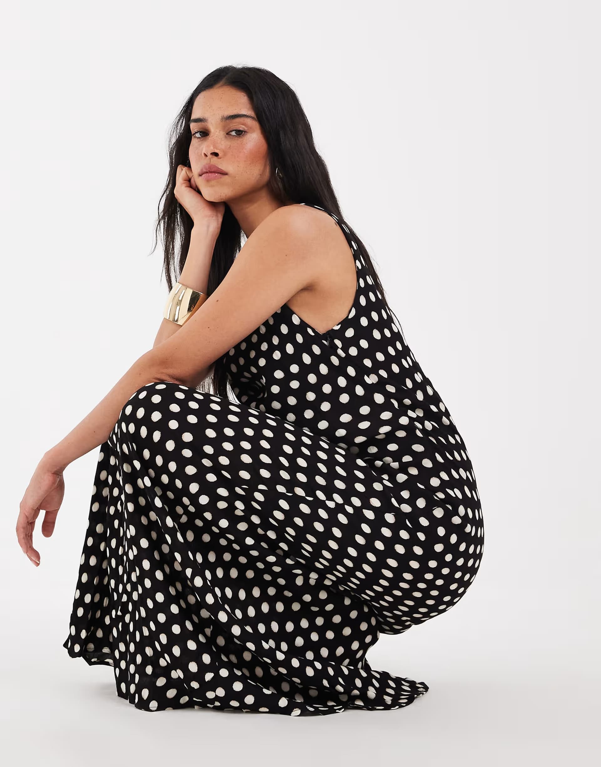 ASOS AWARE sleeveless cowl neck maxi dress in black with spot print