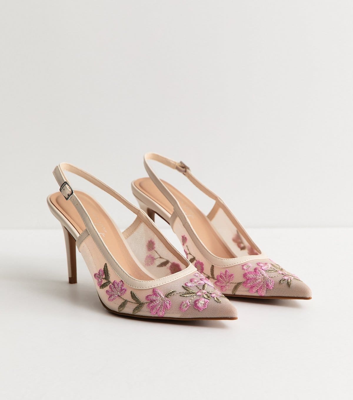 New Look Women's Off White Floral Embroidered Mesh Slingback Court Shoes Vegan New Look - 4