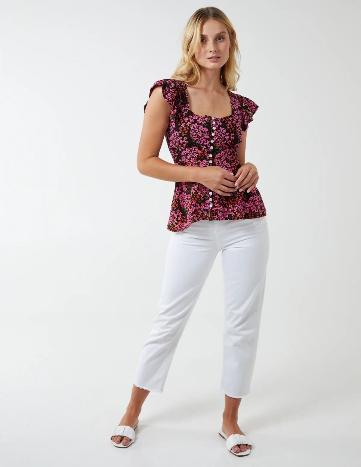 Blue Vanilla Button Front Floral Peplum Top