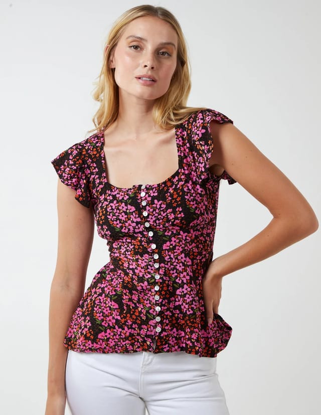 Blue Vanilla Button Front Floral Peplum Top - 3