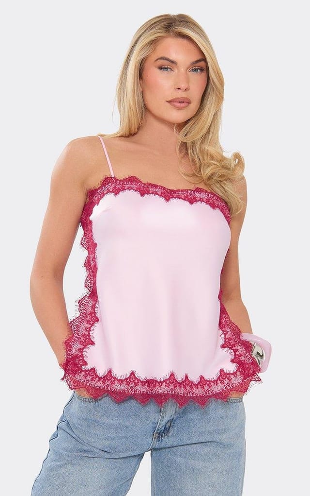 EGO Strappy Square Neck Contrast Lace Cami Top In Pink, Women's Size UK 6 - 2