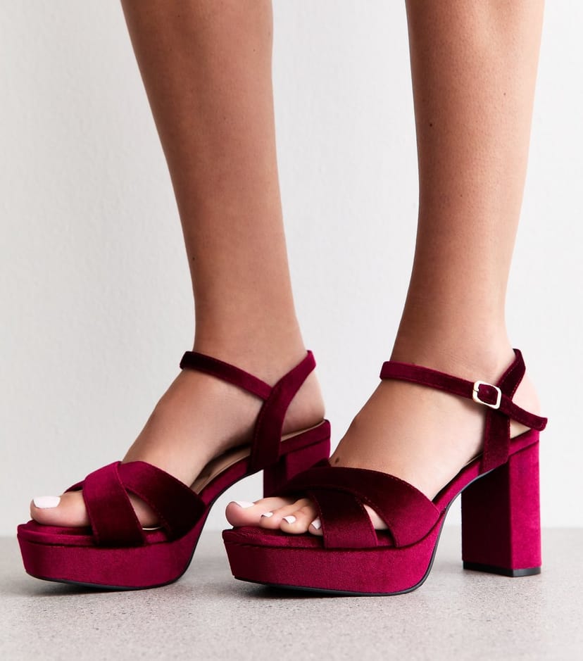 New Look Women's Wide Fit Burgundy Velvet Platform Sandals Vegan New Look - 1