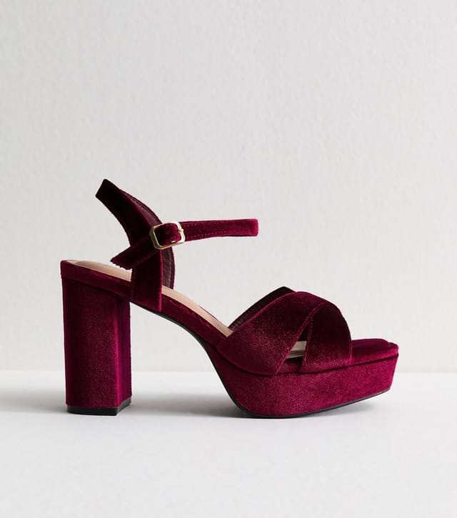 New Look Women's Wide Fit Burgundy Velvet Platform Sandals Vegan New Look - 3