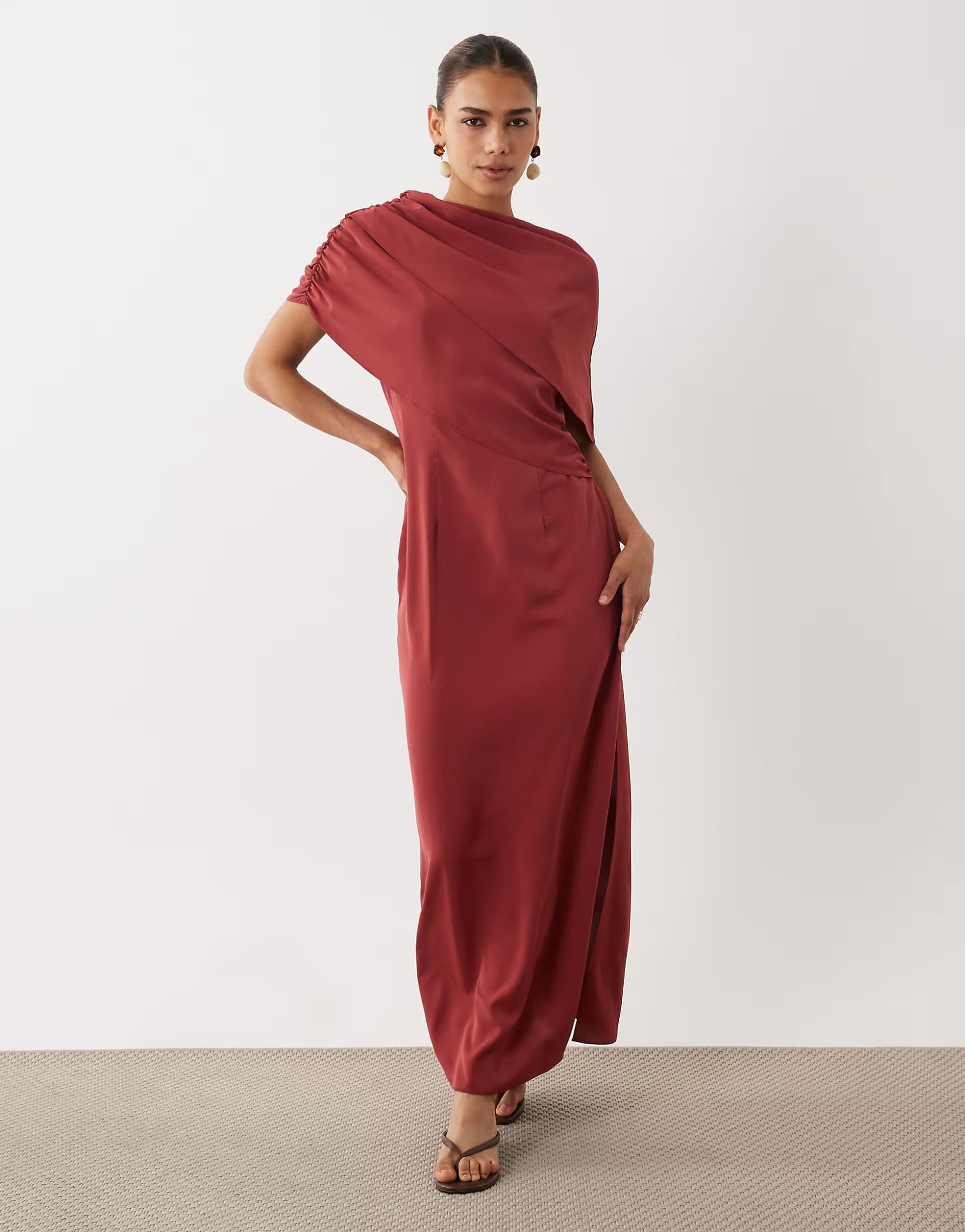 ASOS ASOS DESIGN fallen shoulder slinky midi dress in burnt orange