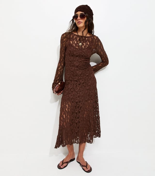 New Look Women's Dark Brown Lace Long Sleeve Midi Dress New Look - 2