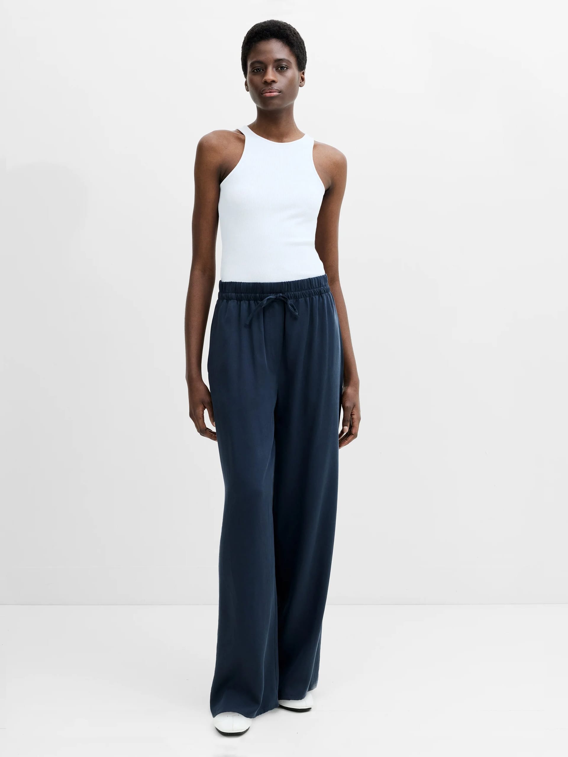 French Connection Navy Blue Lyocell Barrel Leg Trousers