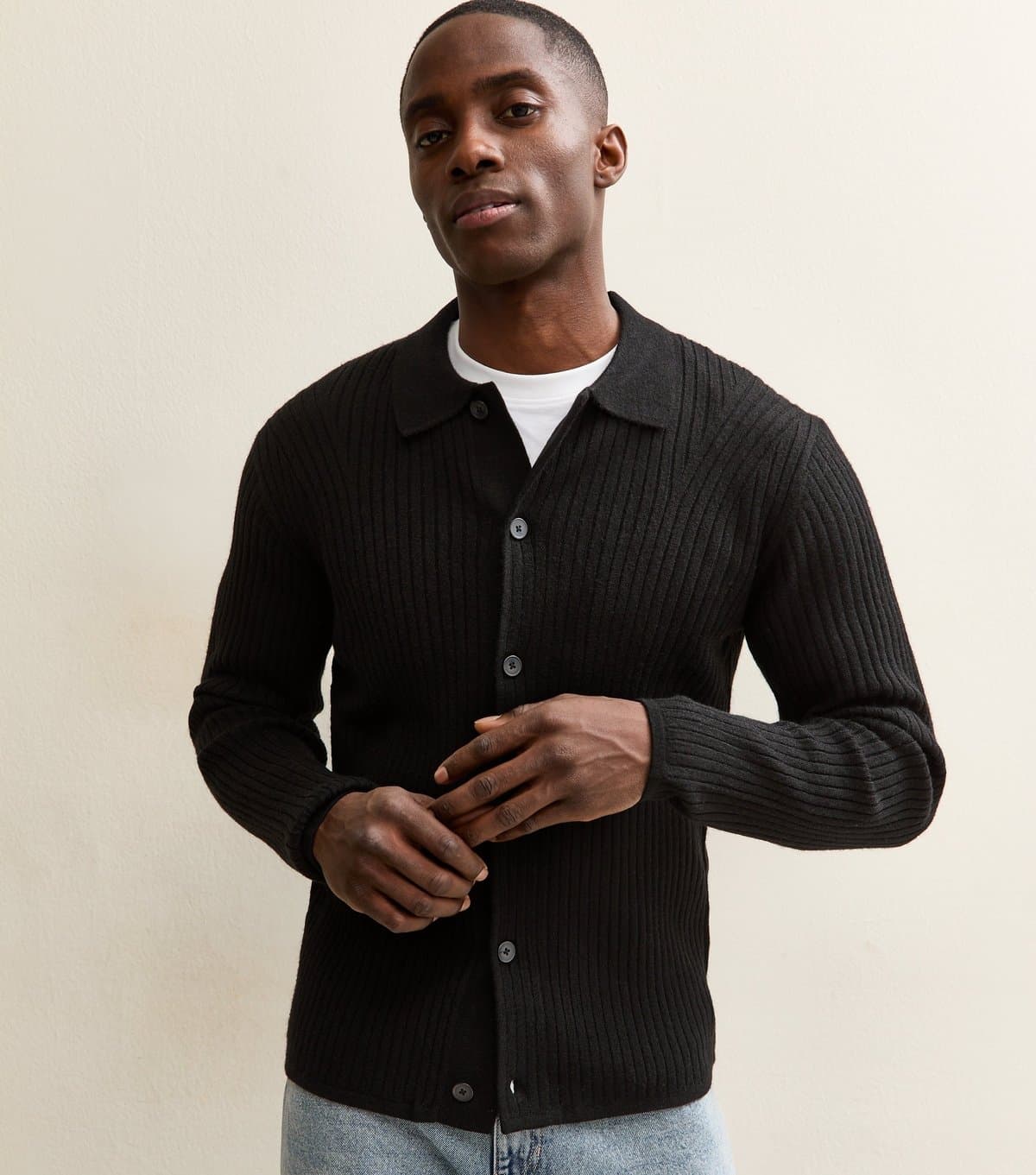 jack & jones Men's Black Regular Ribbed Polo Cardigan Jack & Jones New Look