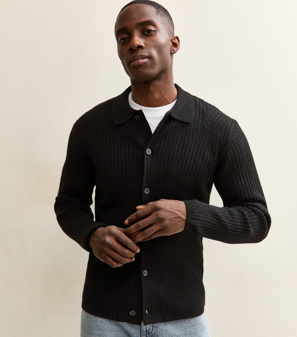 Jack & Jones Black Ribbed Polo Cardigan