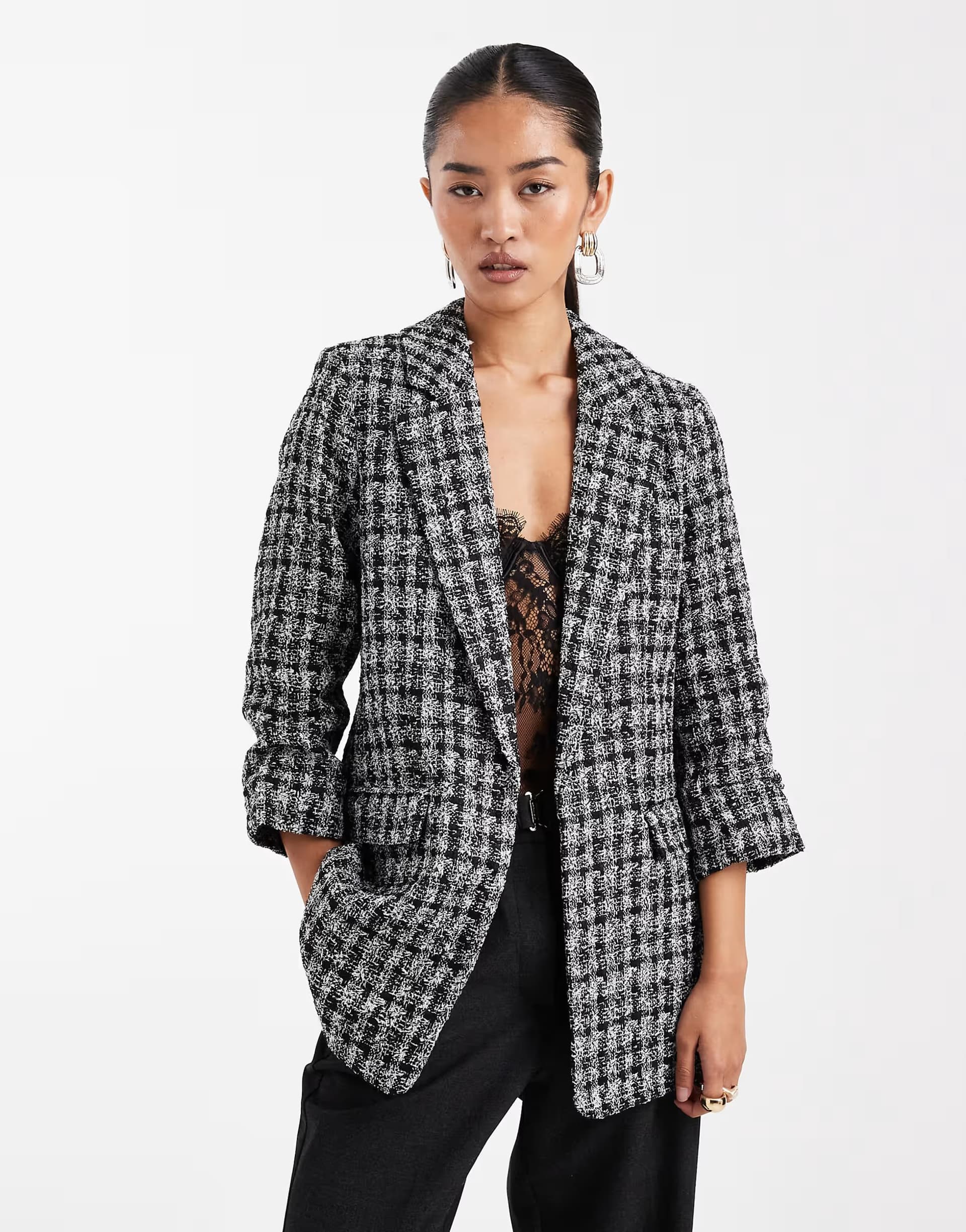 ASOS Vero Moda oversized boucle texture ruched sleeve blazer in black and white