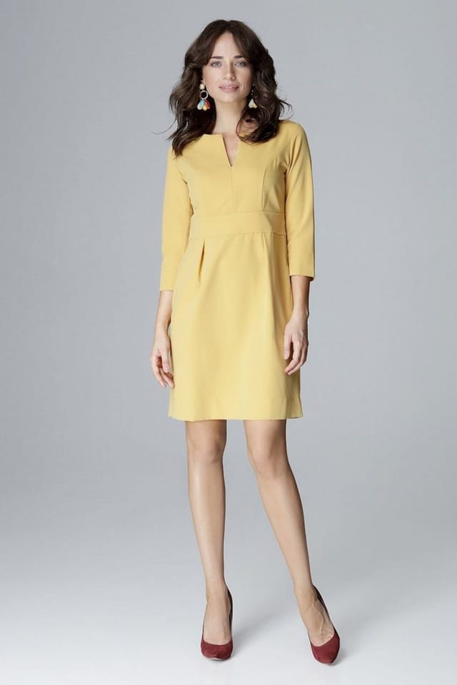 Love Lace Love Lace Women's V Neck 3/4 Sleeve Slim Fit Dress in Yellow - 2