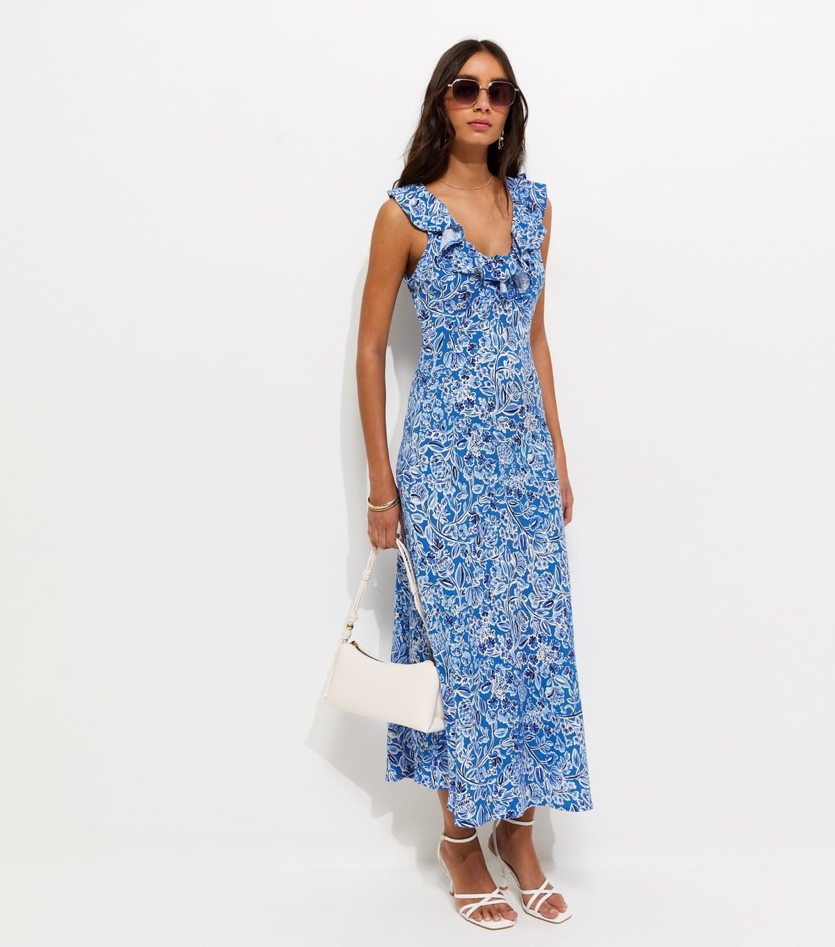 New Look Women's Blue Crepe Ditsy Floral Print Ruffle Trim Midi Dress New Look