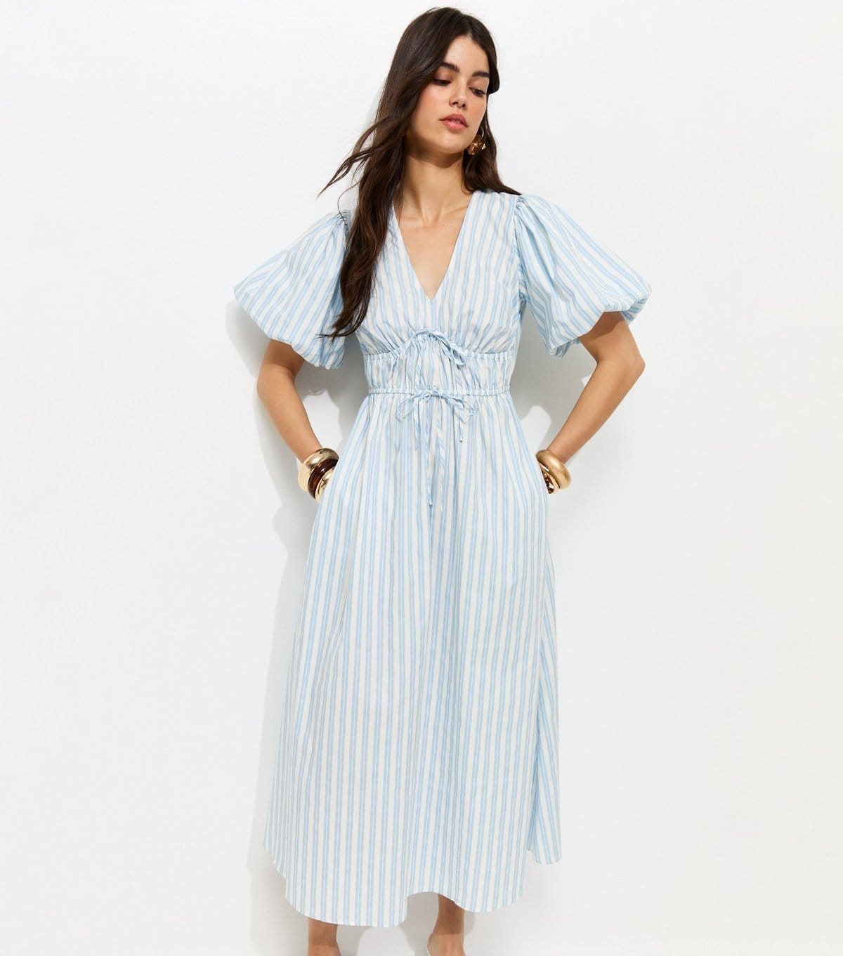 New Look Blue Striped Puff Sleeve Midi Dress