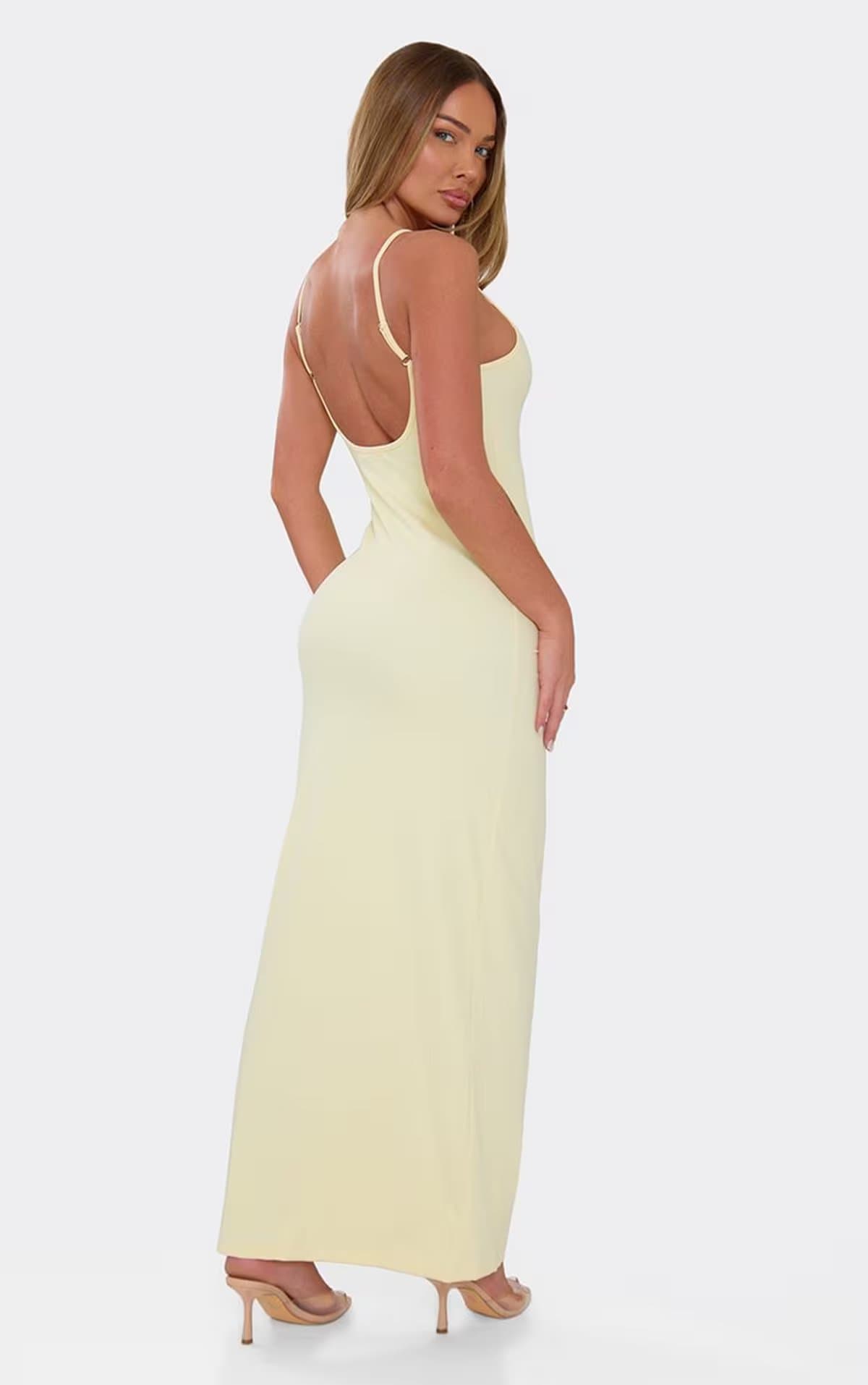EGO Scoop Neck Strappy Maxi Bodycon Dress In Lemon, Women's Size UK 6