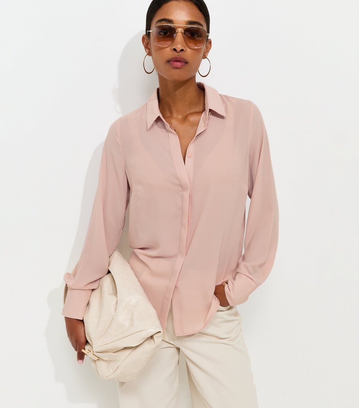 New Look Women's Pink Concealed Button Long Sleeve Shirt New Look