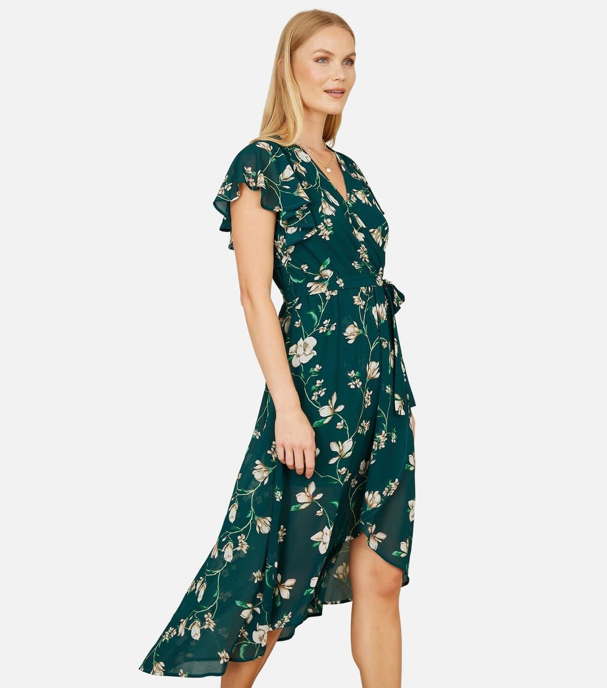 Yumi Women's Green Floral Print Wrap Midi Dress Yumi New Look