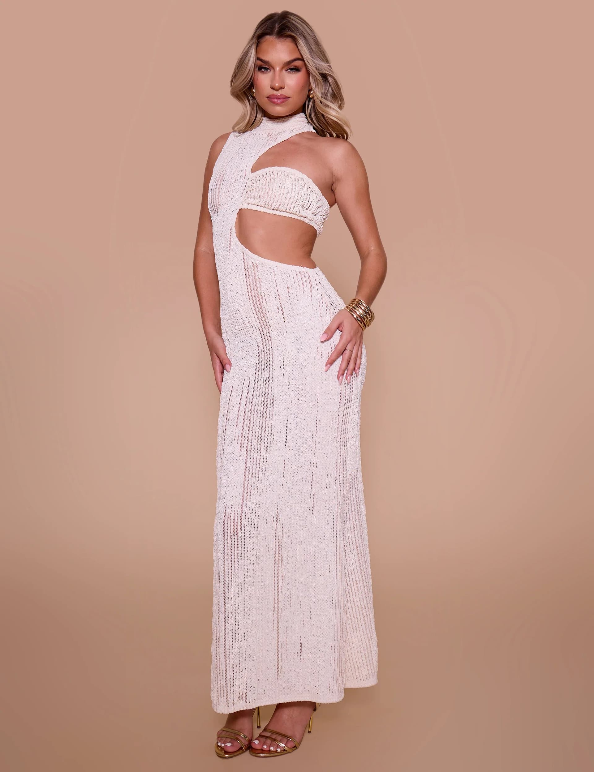 Public Desire Textured Asymmetric Cut Out Maxi Dress Cream