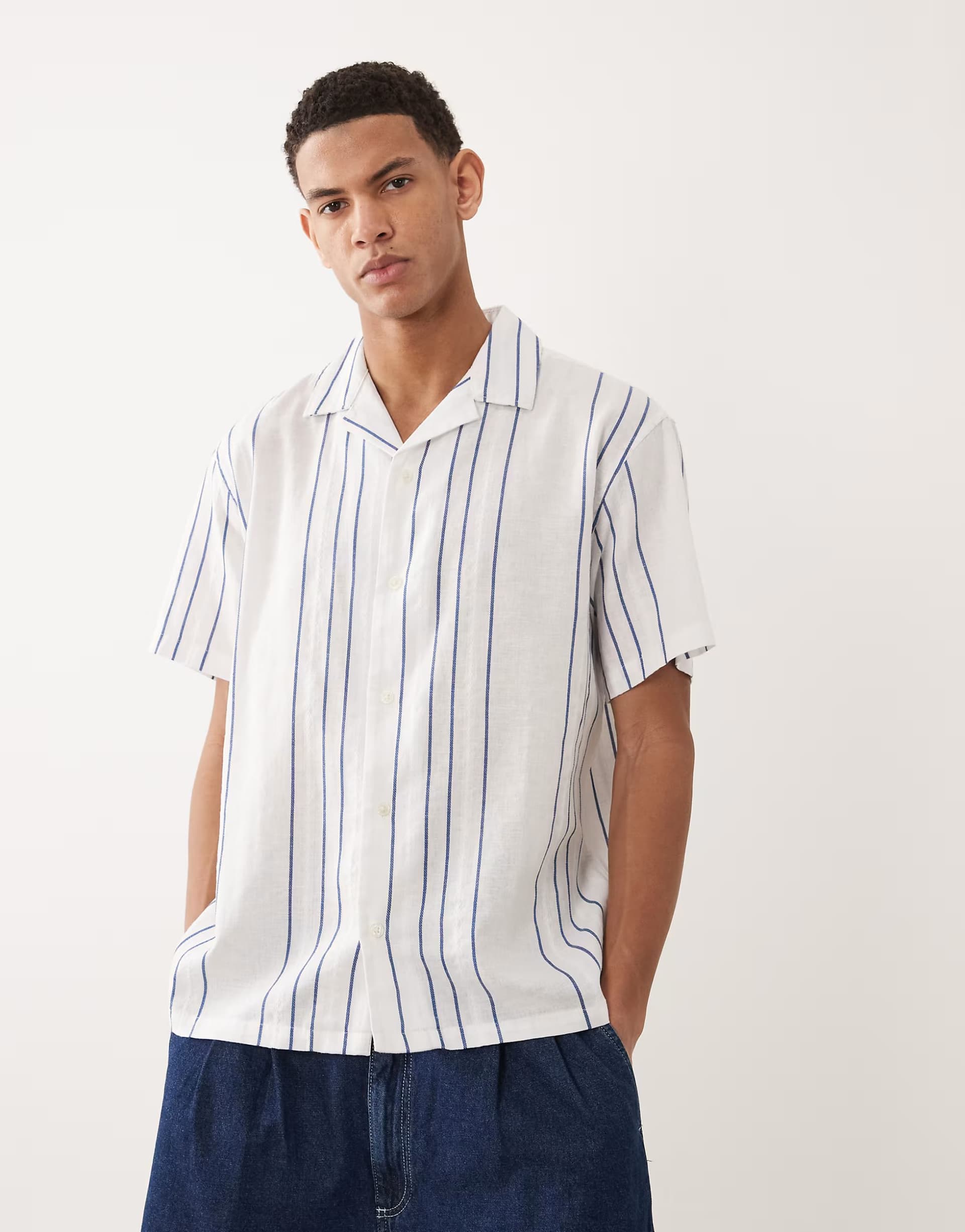 ASOS Jack & Jones Premium linen blend short sleeve shirt with blue stripes in white