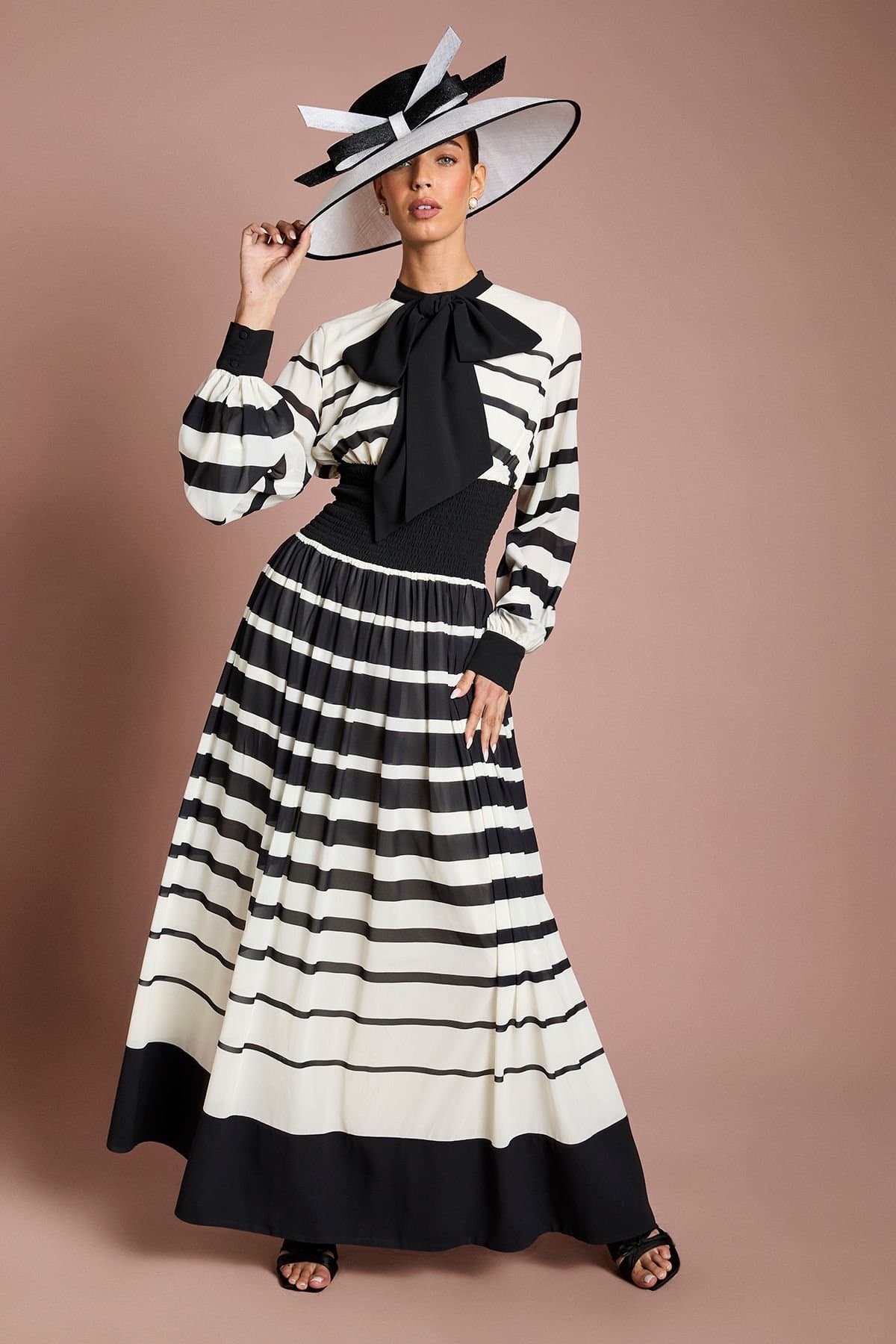 Coast Coast Women's Lisa Tan Bow Neck Stripe Print Maxi Dress in Mono