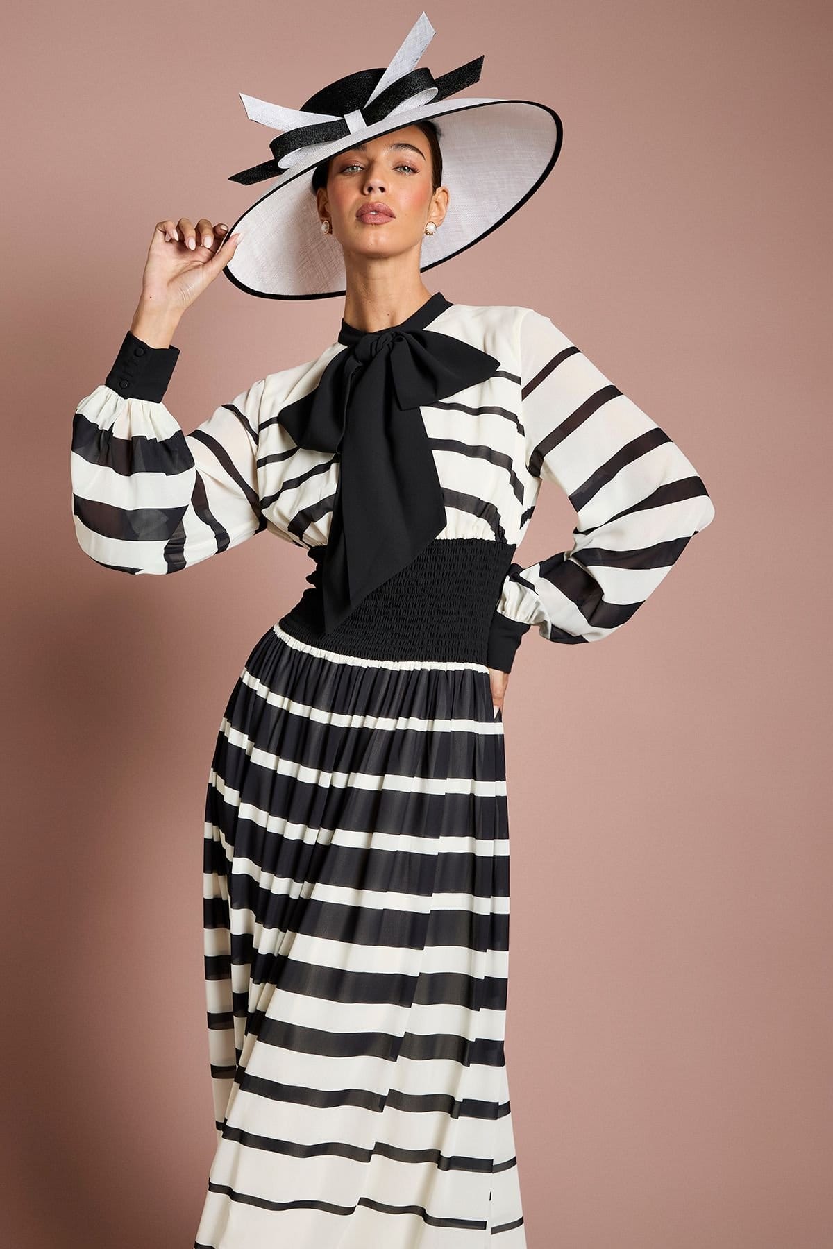 Coast Coast Women's Lisa Tan Bow Neck Stripe Print Maxi Dress in Mono - 4