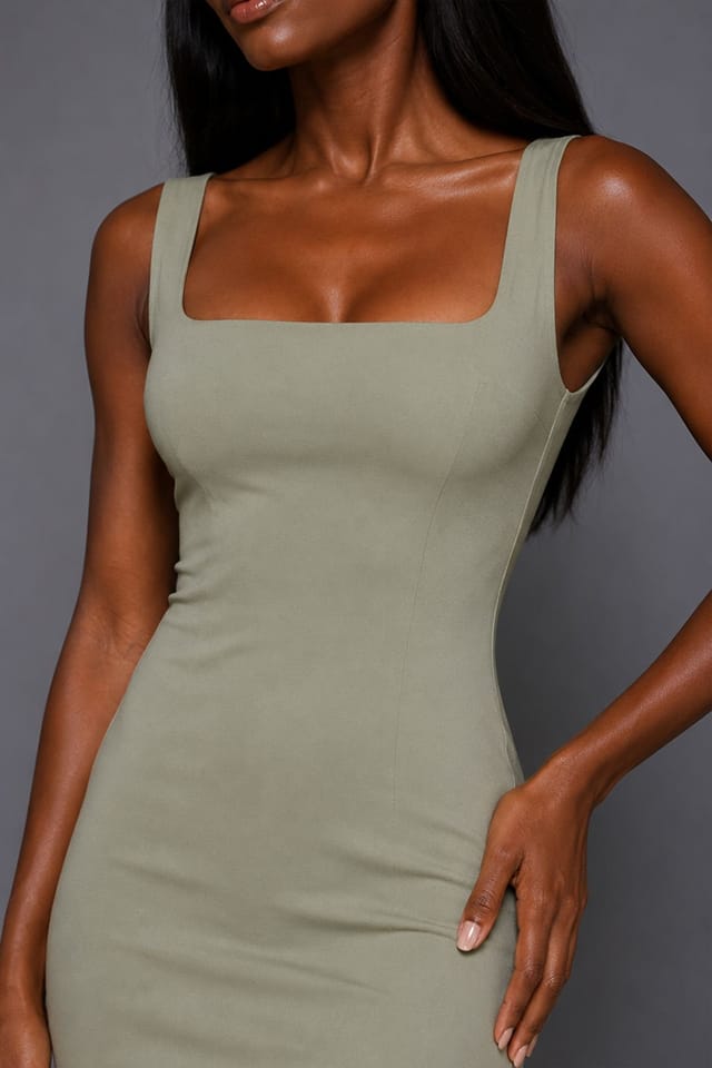 Vesper Vesper Women's Square Neckline Fishtail Midaxi Dress in Olive - 2