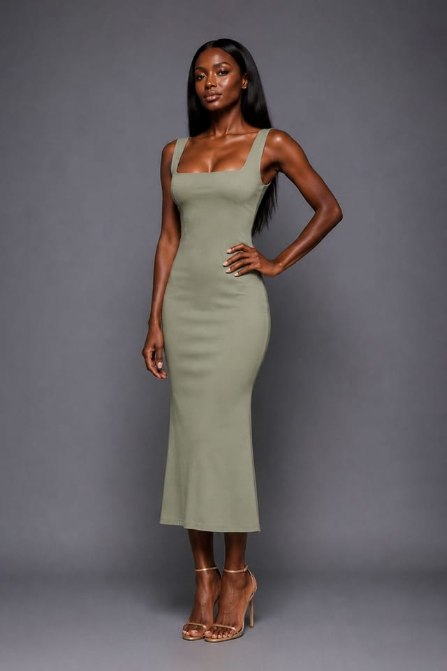 Vesper Vesper Women's Square Neckline Fishtail Midaxi Dress in Olive - 3