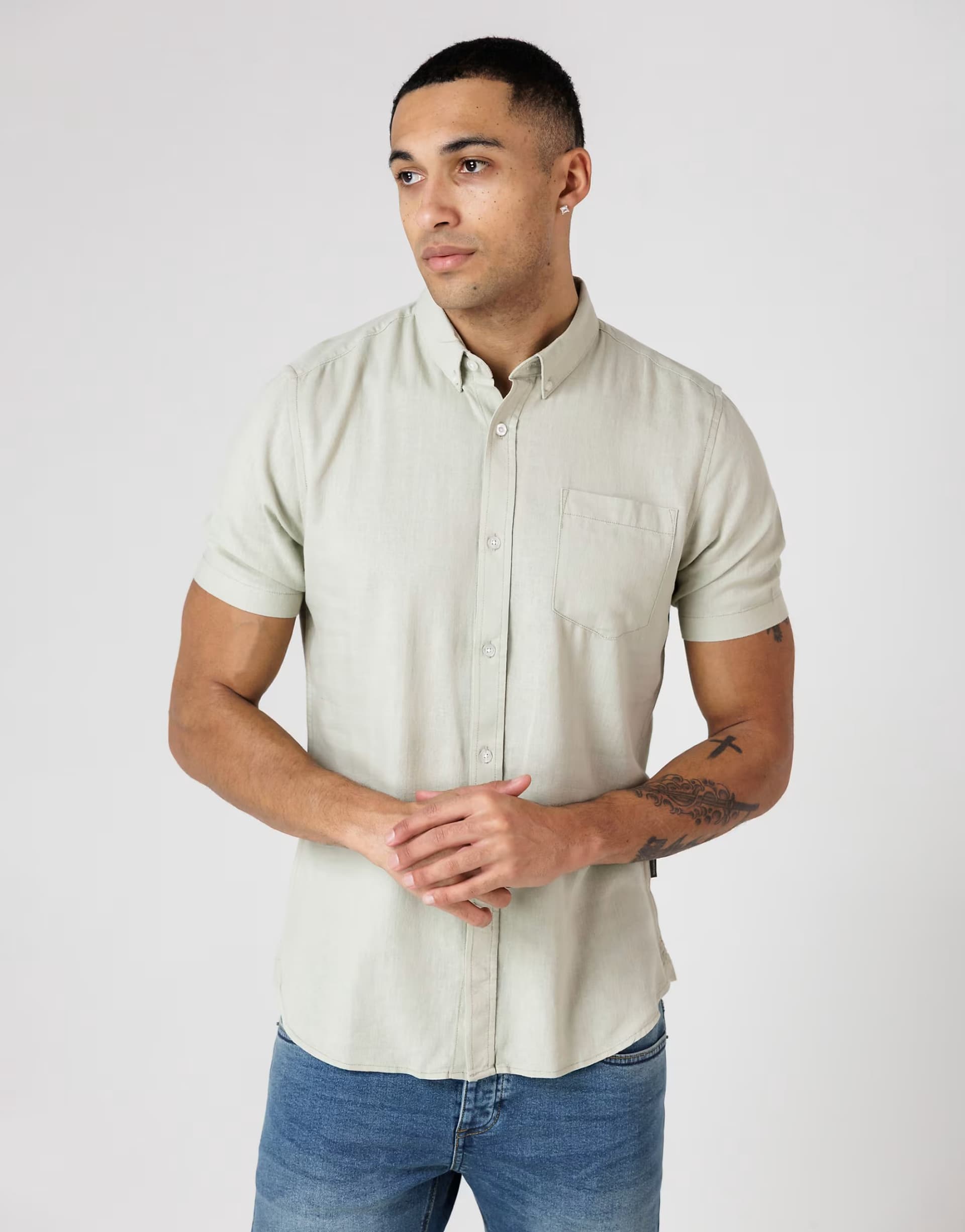 ASOS French Connection Linen blend short sleeve chest pocket shirt in light green