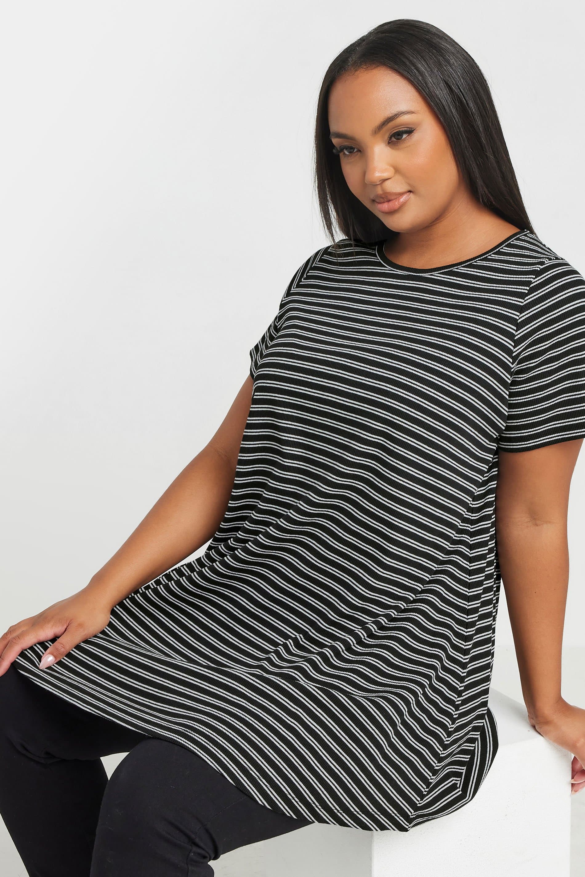 Yours Plus Size Black & White Stripe Ribbed Swing Top