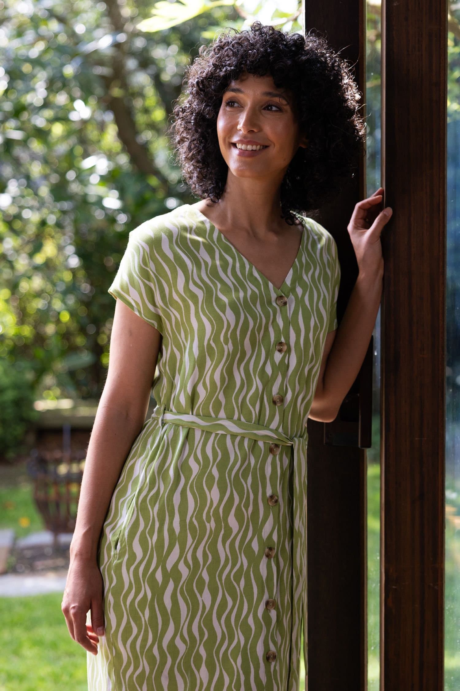 Nomads Clothing Nomads Clothing Women's Womens V Neck Button Through Viscose Shirt Dress in Light Green