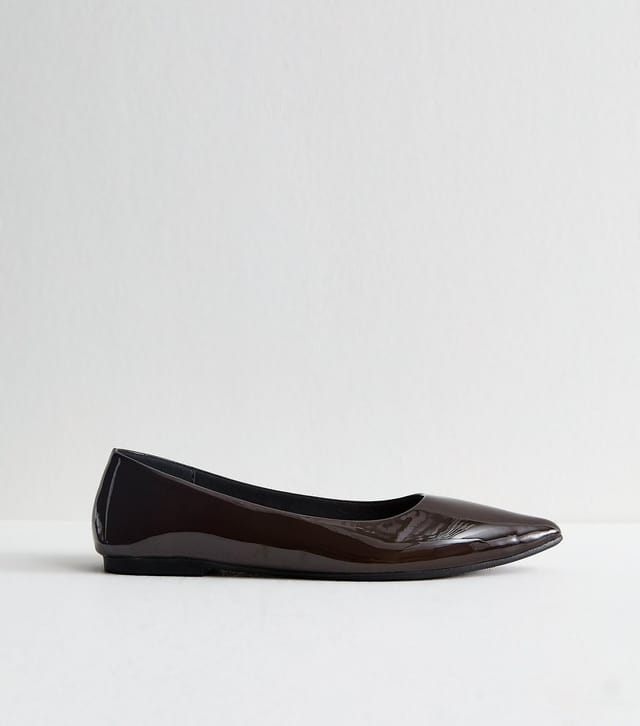 New Look Women's Brown Patent Faux Leather Pointed Toe Ballerina Flats Vegan New Look - 3