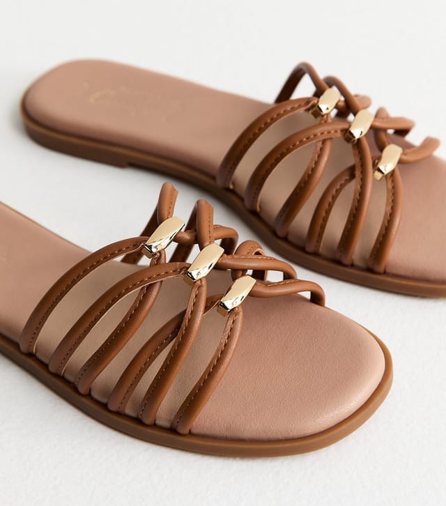 New Look Women's Tan Faux Leather Strappy Hardware Mule Sandals Vegan New Look - 3