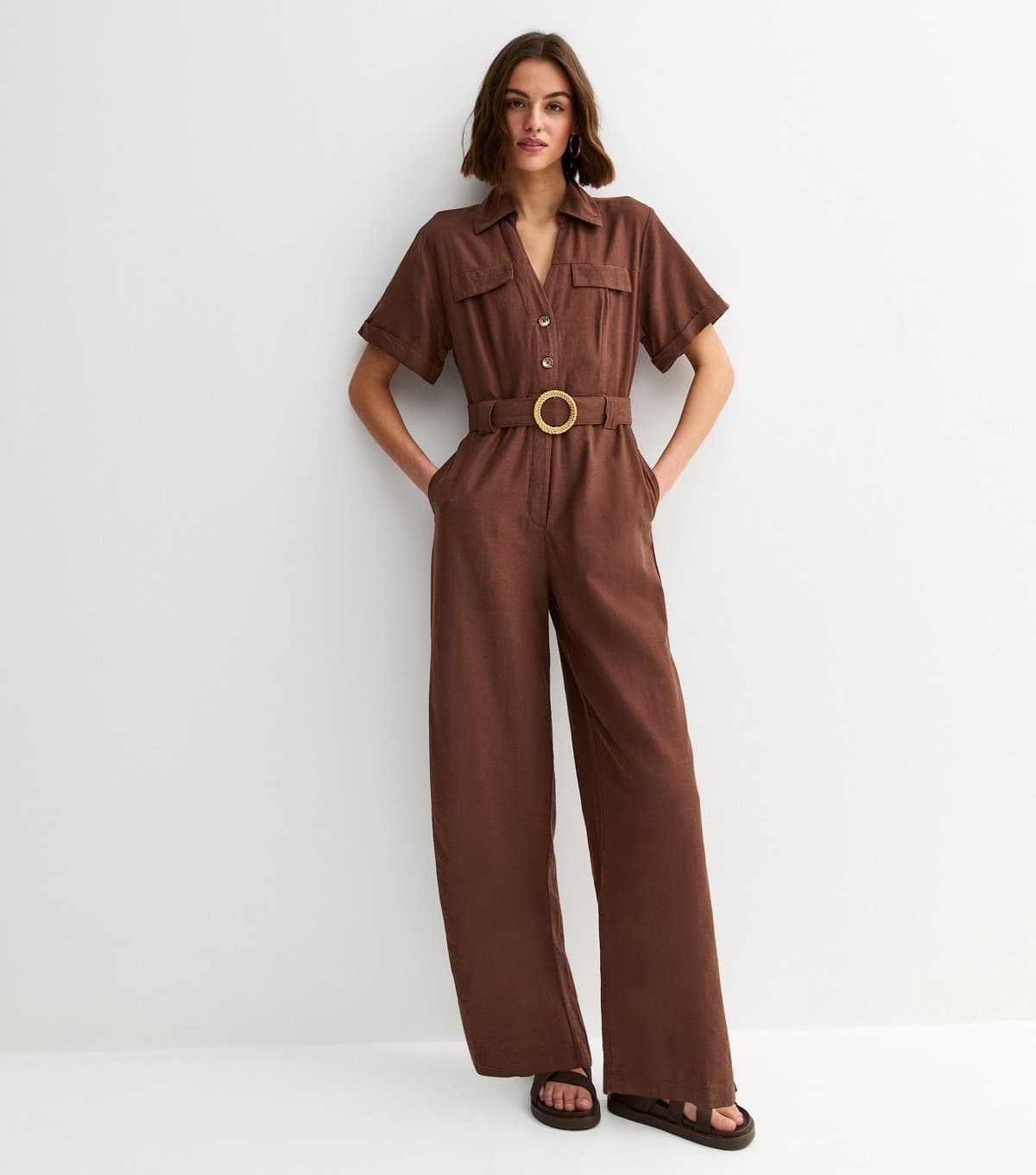 New Look Women's Dark Brown Short Sleeve Belted Jumpsuit New Look