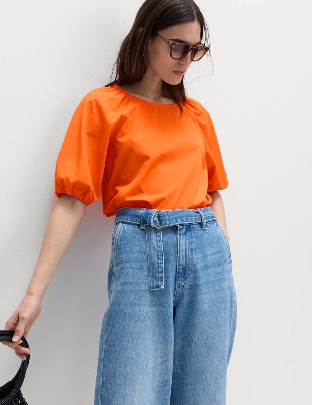 Marks & Spencer M&S Pure Cotton Printed Puff Sleeve Blouse Orange