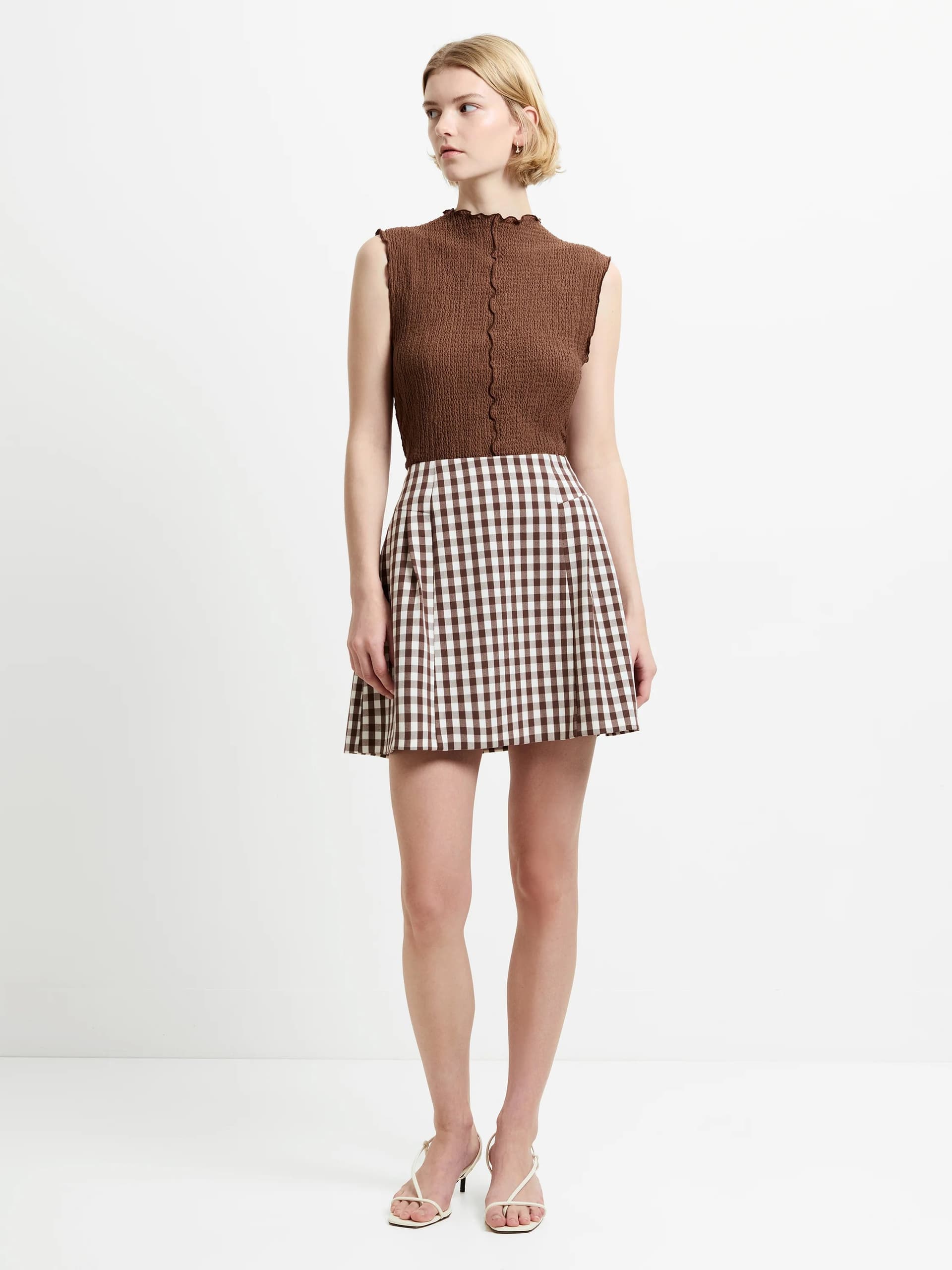 French Connection Lexi Tailored Gingham Mini Skirt Espresso Brown/White Check