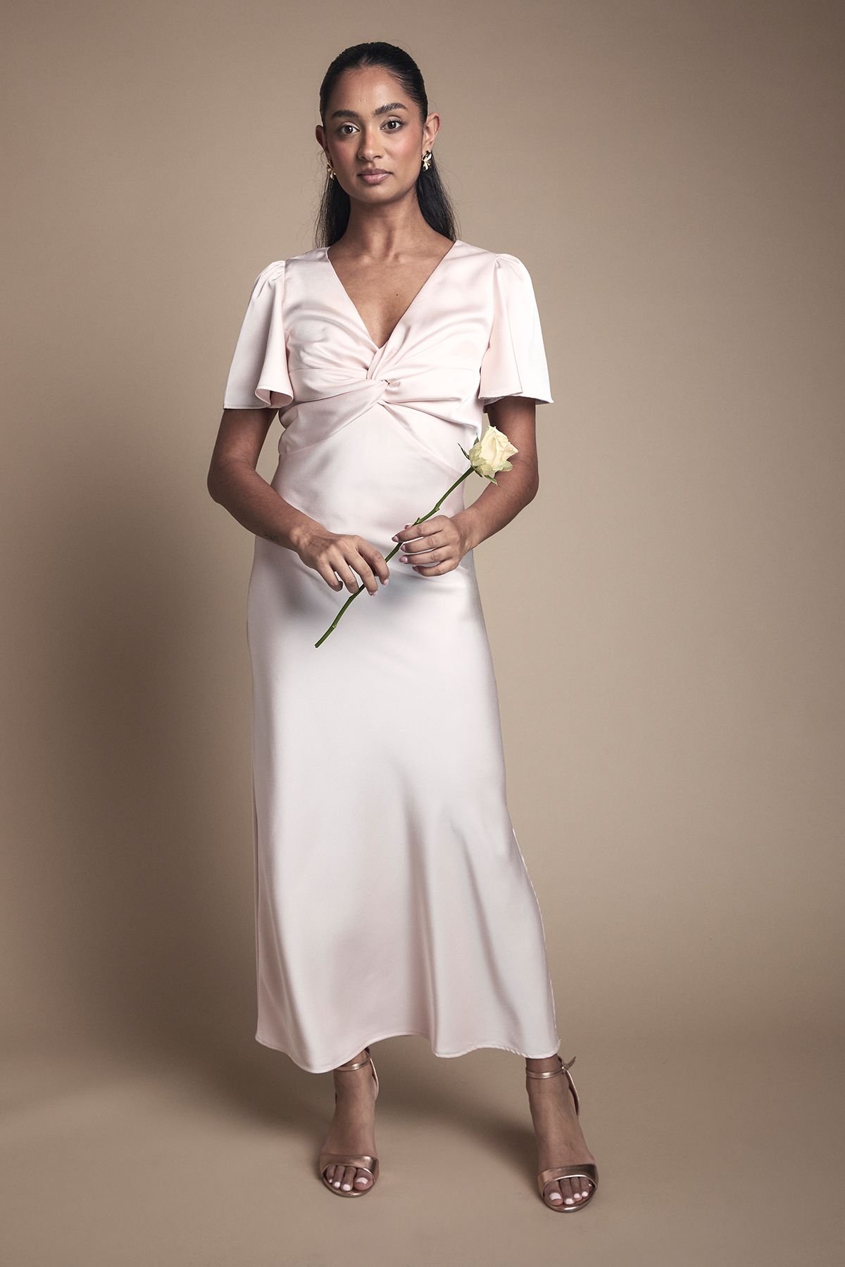 Oasis Oasis Women's Satin Twist Front Angel Sleeve Midi Bridesmaid Dress in Blush - 2