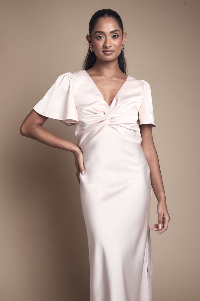 Oasis Oasis Women's Satin Twist Front Angel Sleeve Midi Bridesmaid Dress in Blush - 2