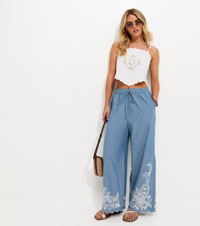 New Look Women's Petite Blue Cotton Chambray Embroidered Wide Leg Trousers New Look - 2