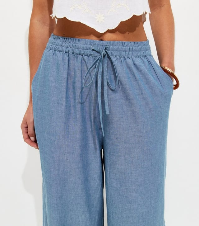 New Look Women's Petite Blue Cotton Chambray Embroidered Wide Leg Trousers New Look - 3