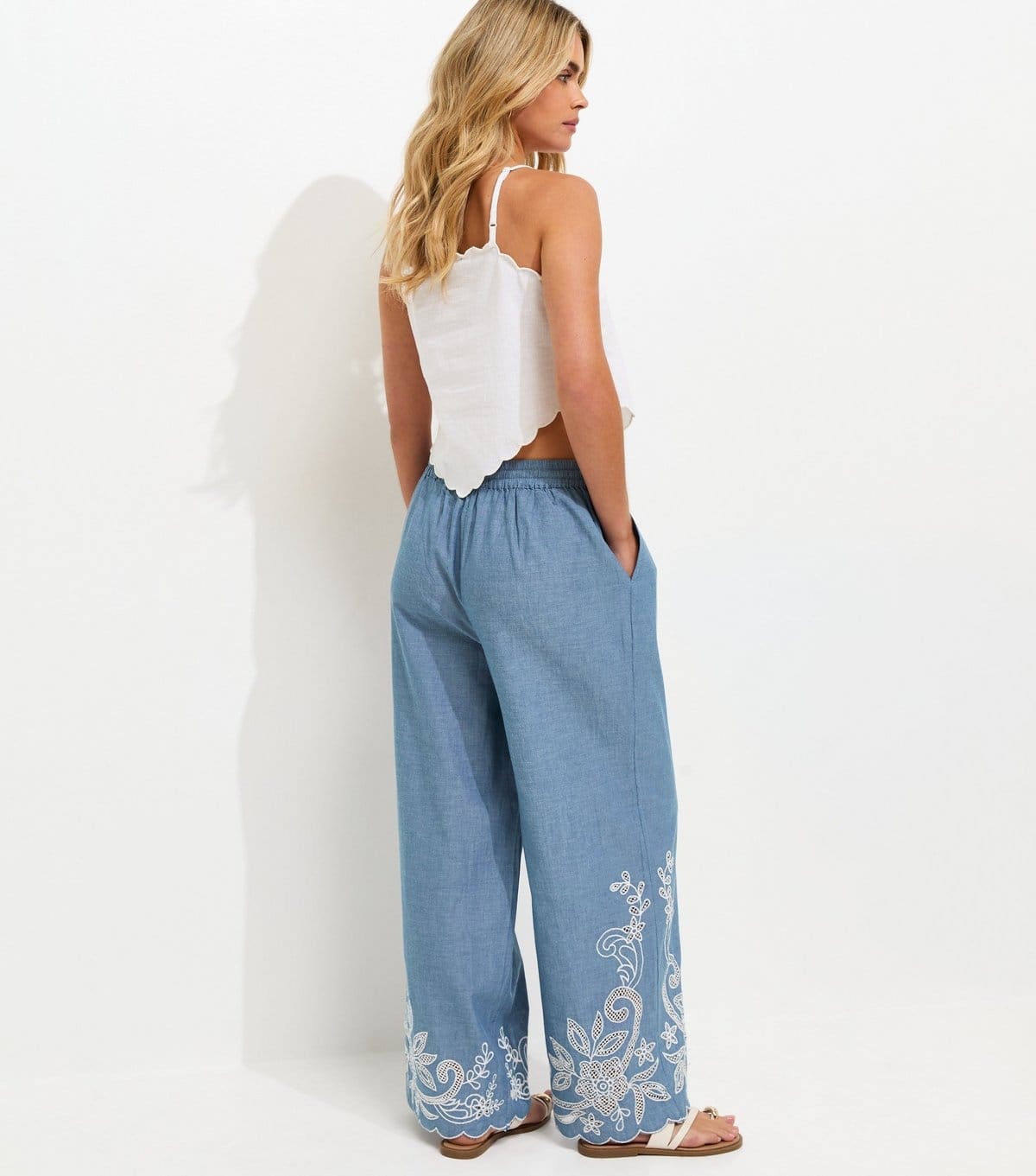 New Look Women's Petite Blue Cotton Chambray Embroidered Wide Leg Trousers New Look - 4