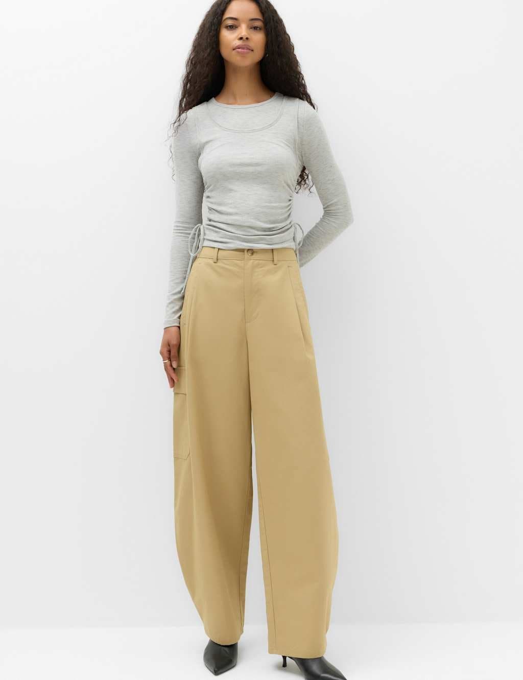 Marks & Spencer M&S Pure Cotton Cargo Barrel Leg Trousers Sandstone