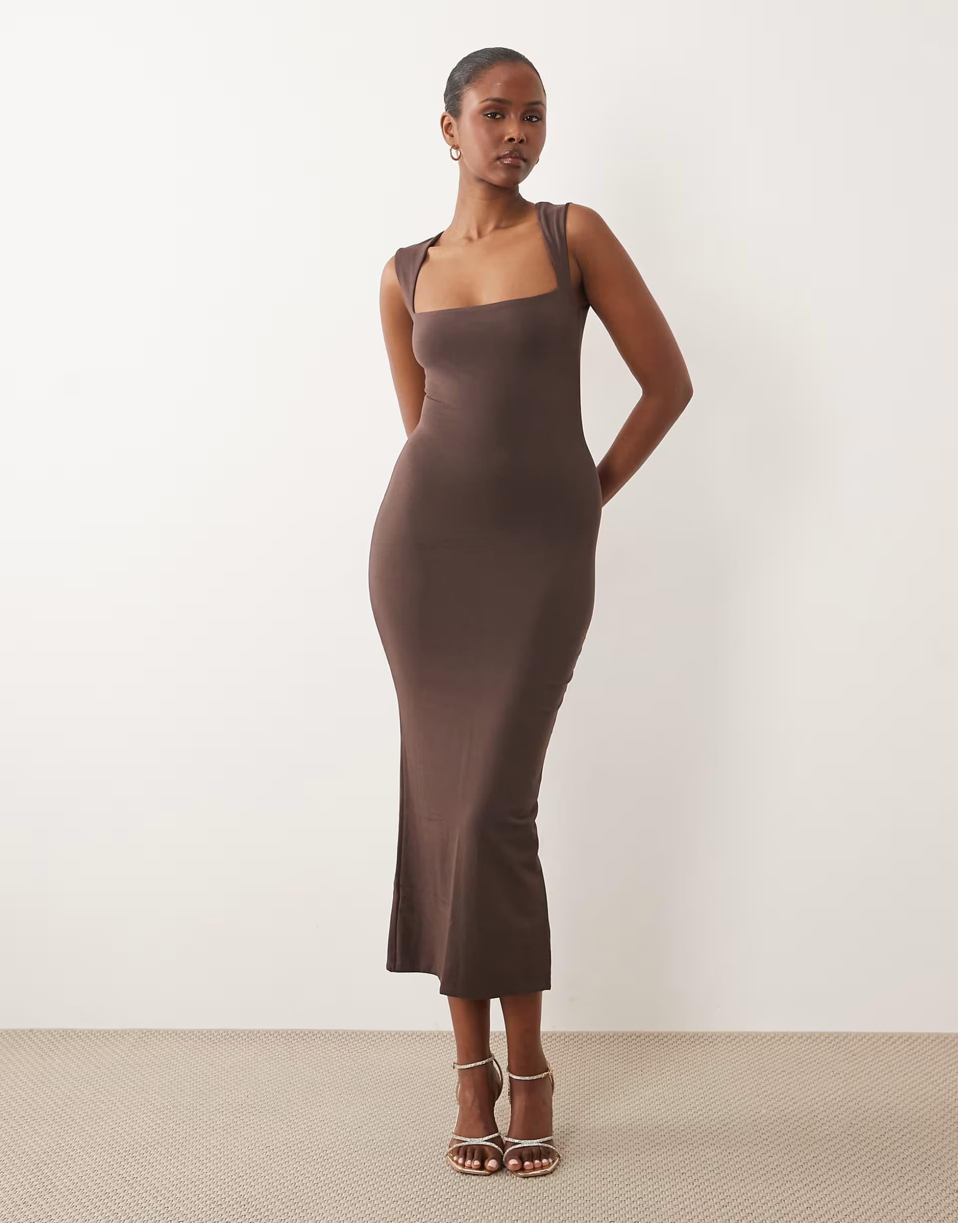 ASOS Oh Polly modal square neck slinky midi dress in chocolate