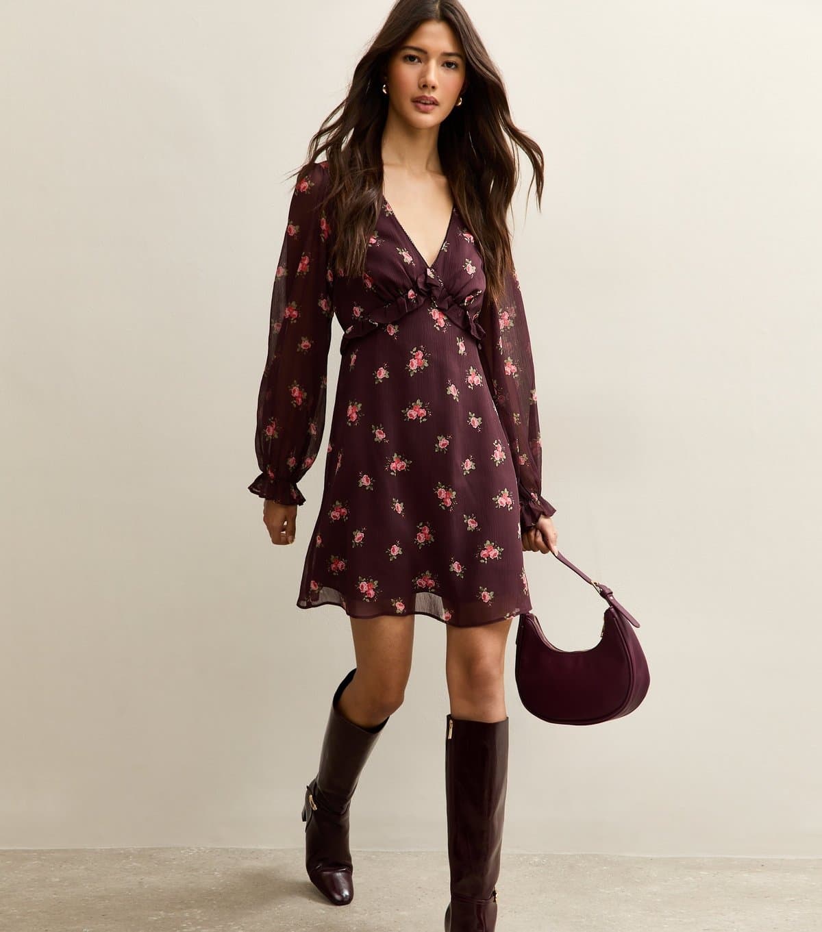 New Look Women's Burgundy Floral Chiffon Mini Dress New Look