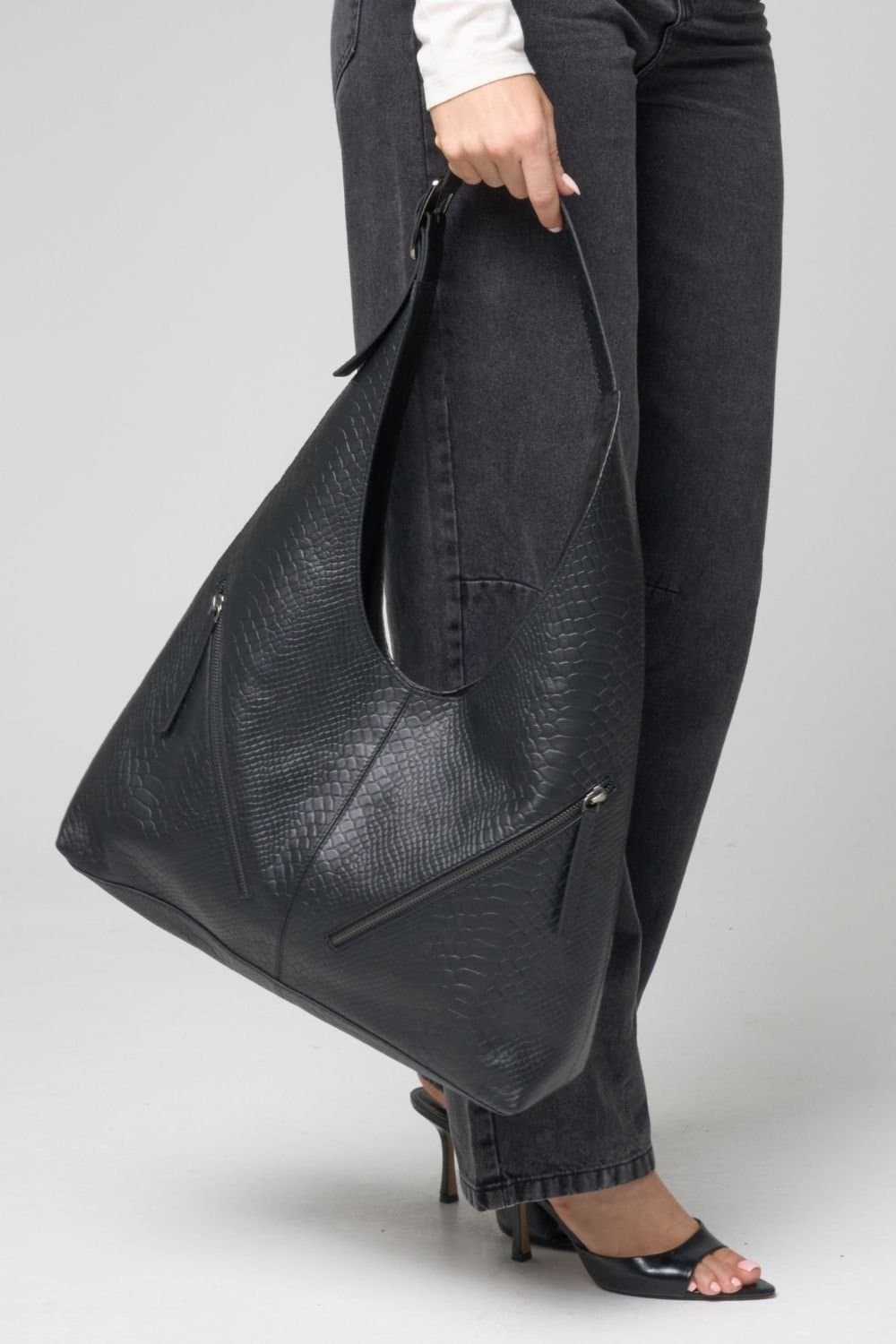 Barneys Originals Barneys Originals Women's Croc Embossed Real Leather Slouch Bag in Black