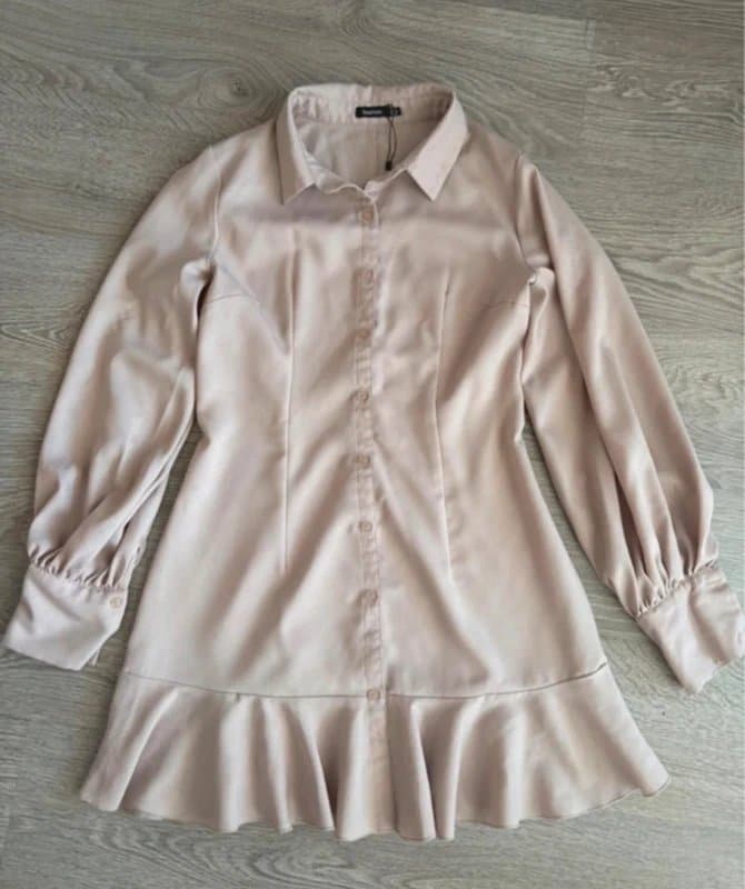 Boohoo Boohoo Beige Frill Hem Shirt Dress UK 14 Long Sleeve Button Front Mini Dress