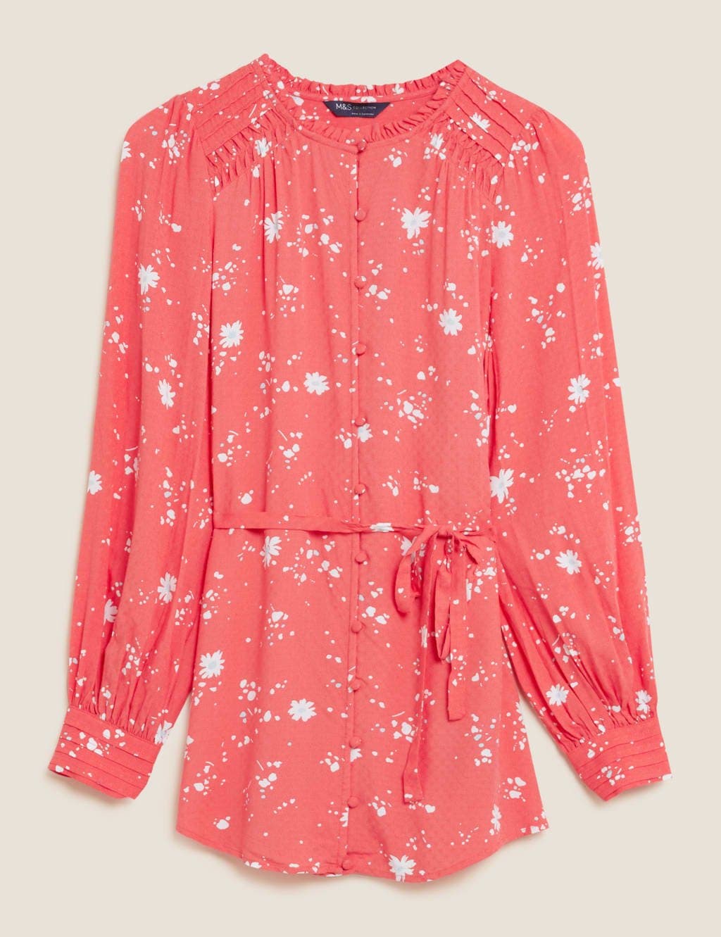 Marks & Spencer M&S Printed Tie Front Longline Blouse Coral Mix