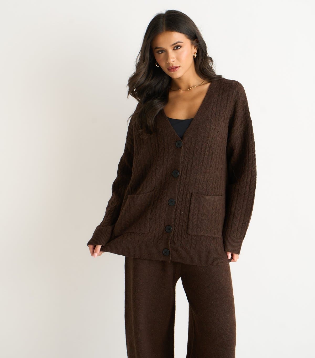 Gini London Women's Dark Brown Cable Knit Cardigan Gini London New Look