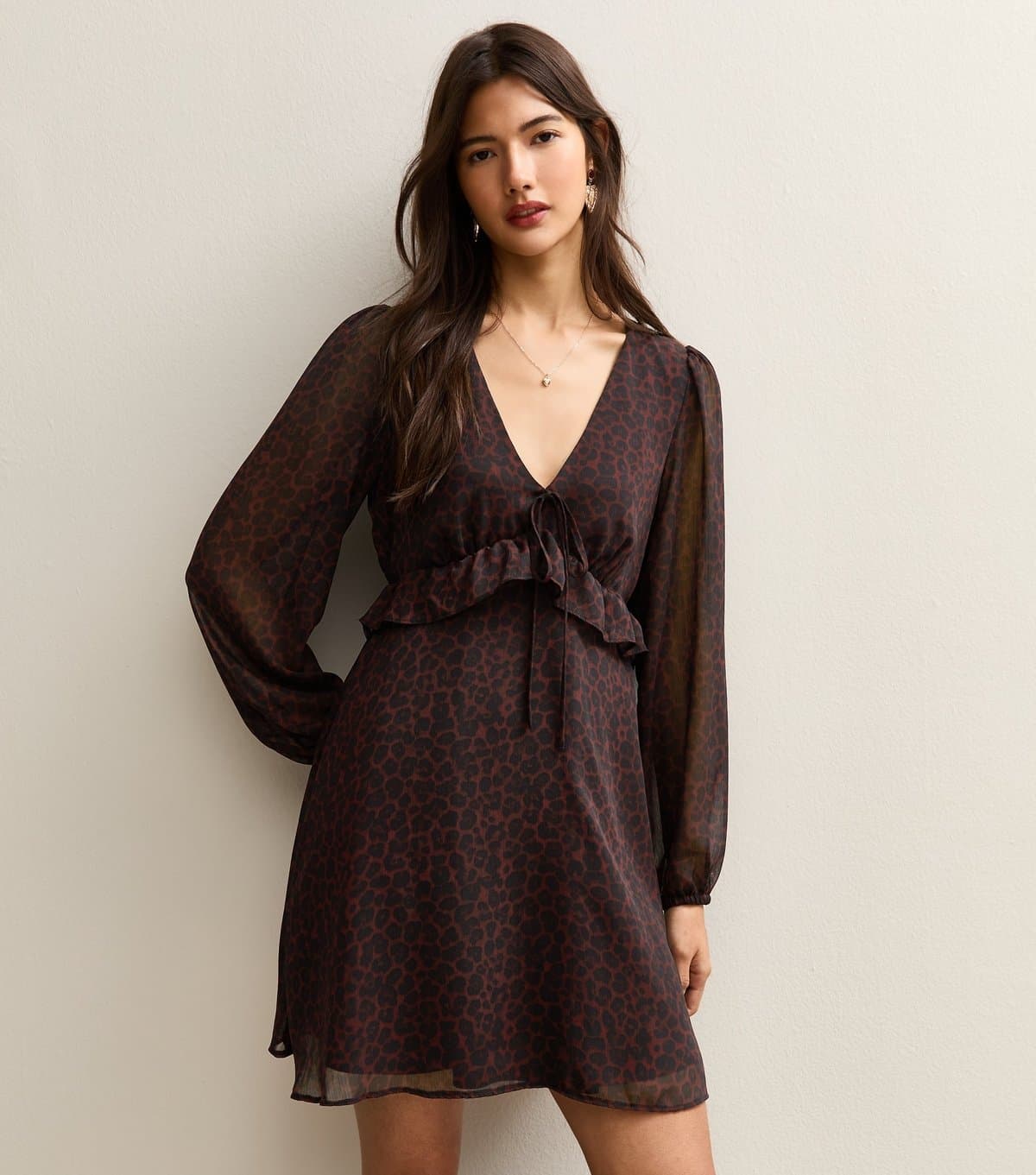 New Look Women's Burgundy Animal Print Chiffon Long Sleeve Mini Dress New Look