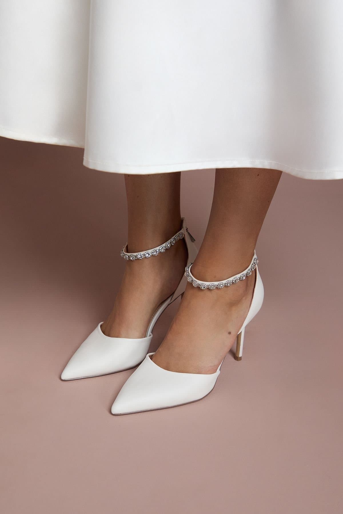 Coast Coast Women's Bridal Wide Fit Tatiana Faux Leather Jewelled Anklet High Stiletto Court Shoes in White