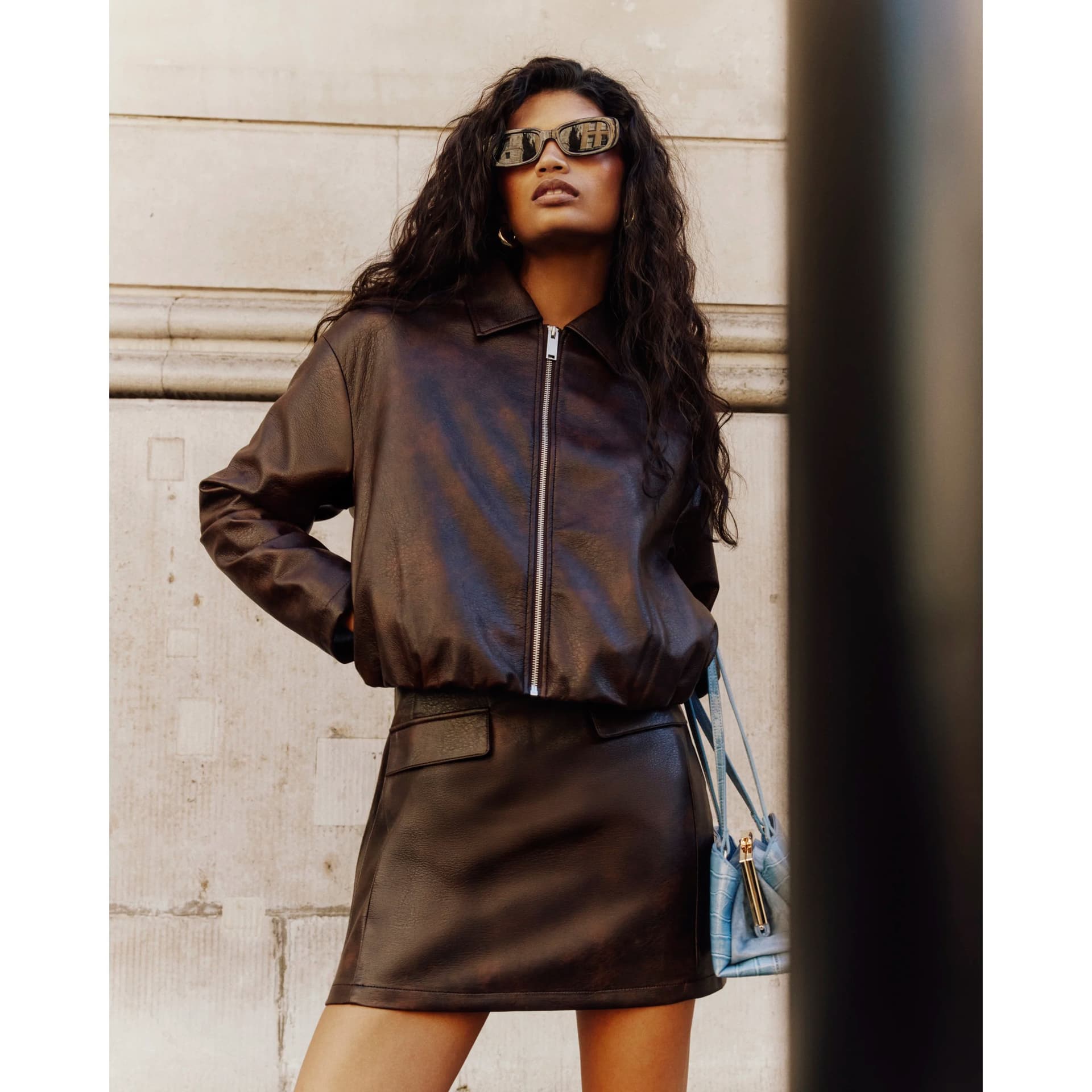 River Island River Island Womens Brown Washed Faux Leather Bomber Jacket